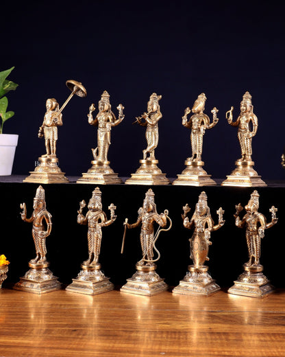 Pure Brass Vishnu Dashavatar Idol Set – Traditional, 6" Matte tone - Budhshiv.com