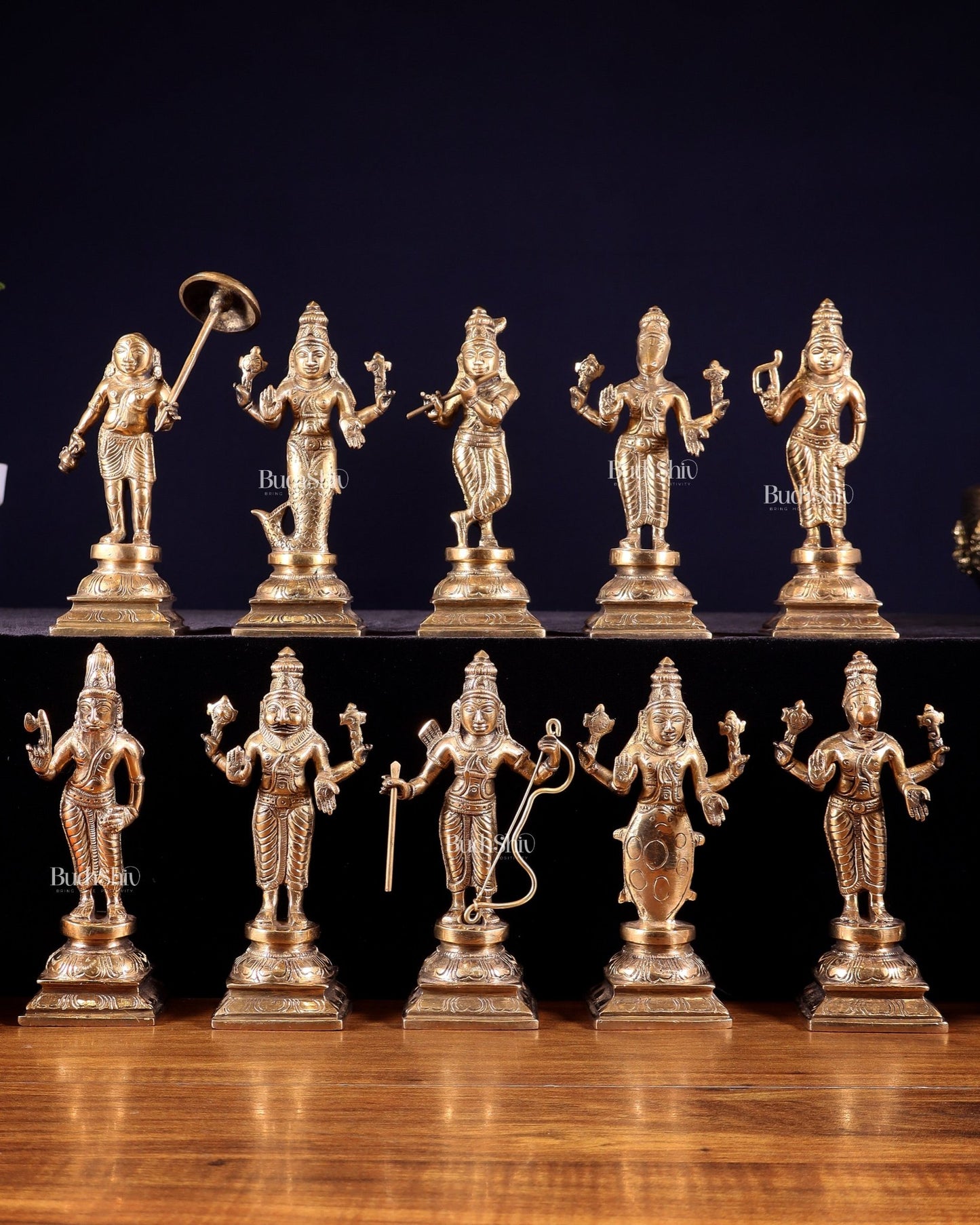 Pure Brass Vishnu Dashavatar Idol Set – Traditional, 6" Matte tone - Budhshiv.com