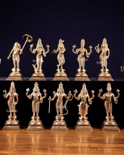 Pure Brass Vishnu Dashavatar Idol Set – Traditional, 6" Matte tone - Budhshiv.com