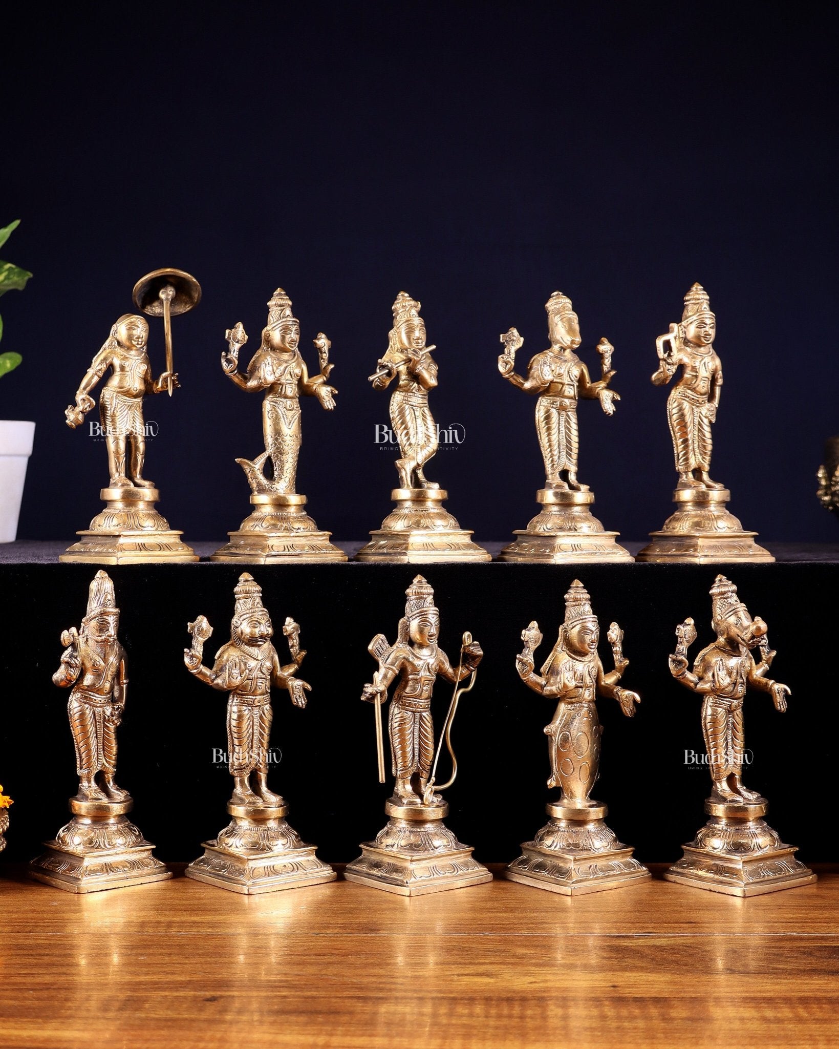 Pure Brass Vishnu Dashavatar Idol Set – Traditional, 6" Matte tone - Budhshiv.com