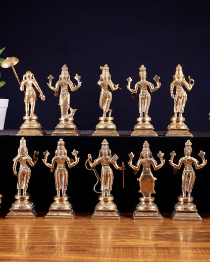 Pure Brass Vishnu Dashavatar Idol Set – Traditional, 6" Matte tone - Budhshiv.com