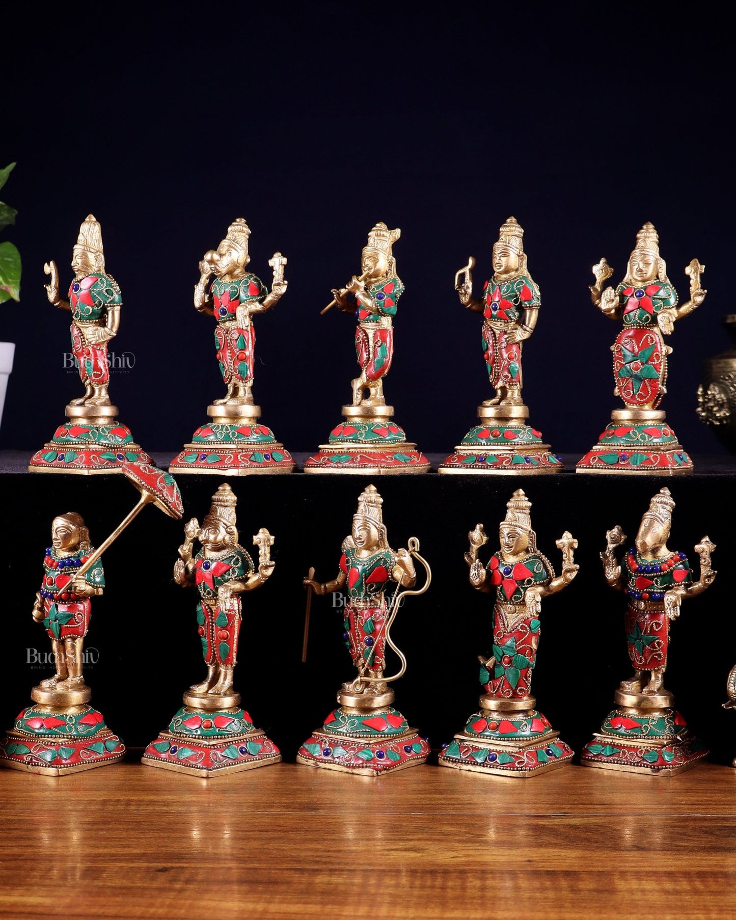 Pure Brass Vishnu Dashavatar Idol Set – Traditional, 6" stonework - Budhshiv.com