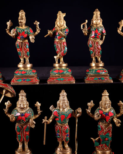 Pure Brass Vishnu Dashavatar Idol Set – Traditional, 6" stonework - Budhshiv.com