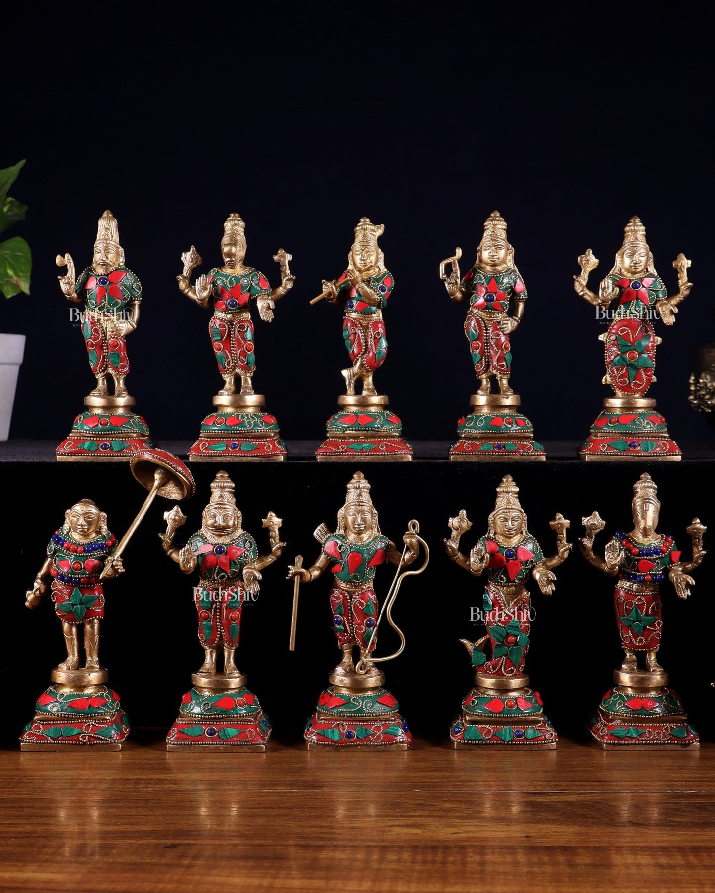 Pure Brass Vishnu Dashavatar Idol Set – Traditional, 6" stonework - Budhshiv.com