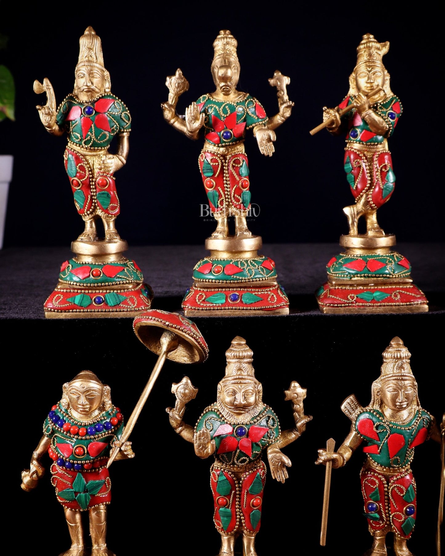 Pure Brass Vishnu Dashavatar Idol Set – Traditional, 6" stonework - Budhshiv.com