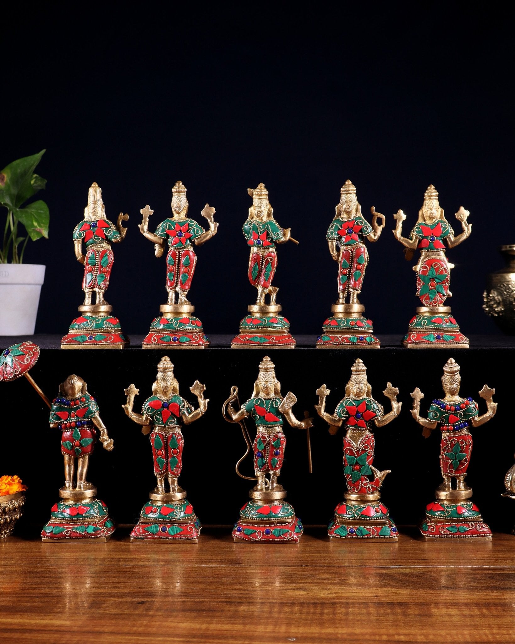 Pure Brass Vishnu Dashavatar Idol Set – Traditional, 6" stonework - Budhshiv.com