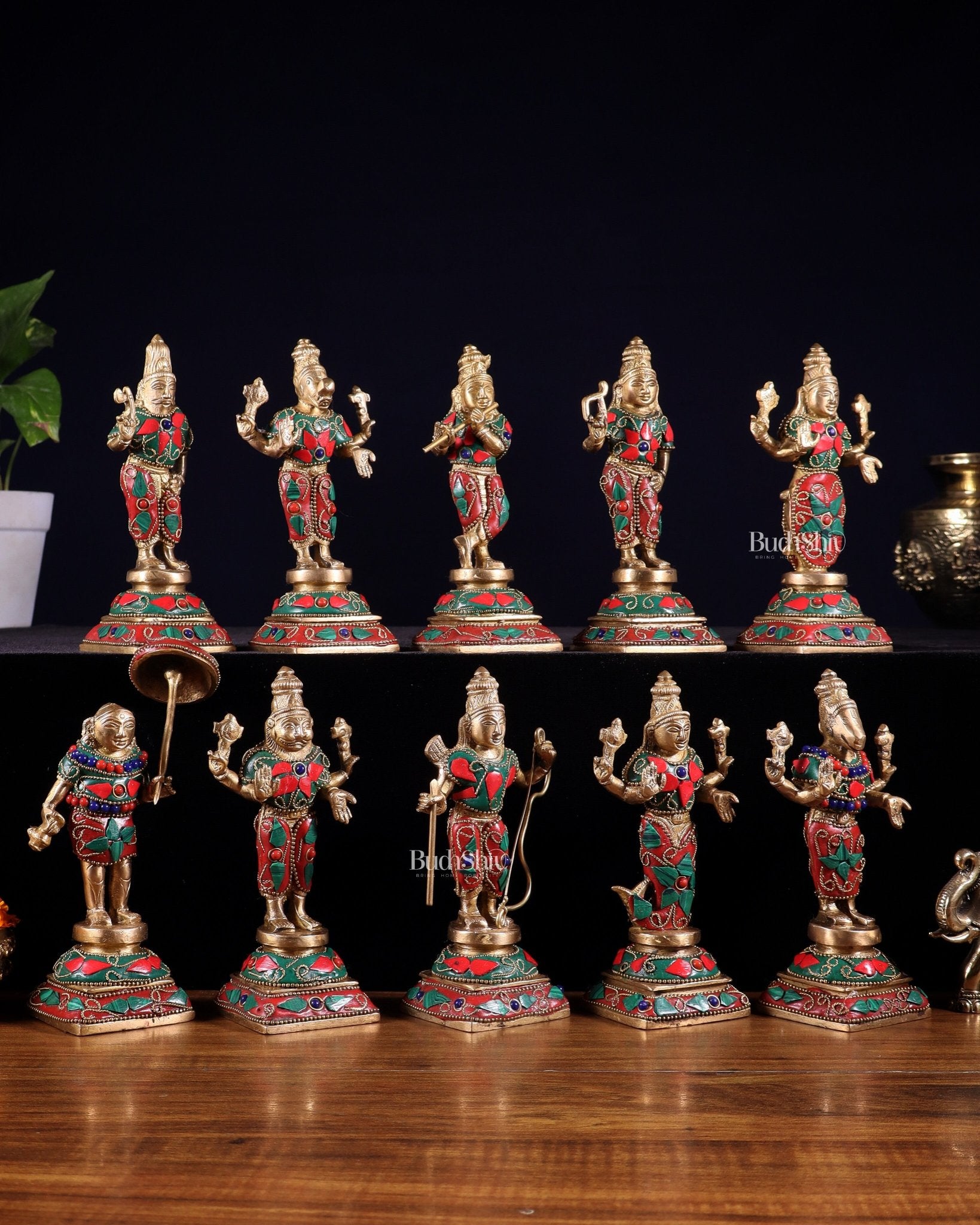 Pure Brass Vishnu Dashavatar Idol Set – Traditional, 6" stonework - Budhshiv.com