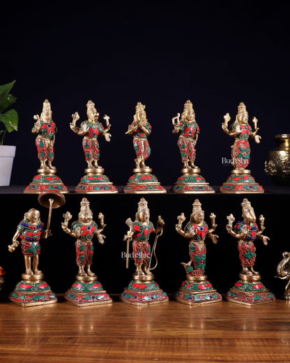 Pure Brass Vishnu Dashavatar Idol Set – Traditional, 6" stonework - Budhshiv.com