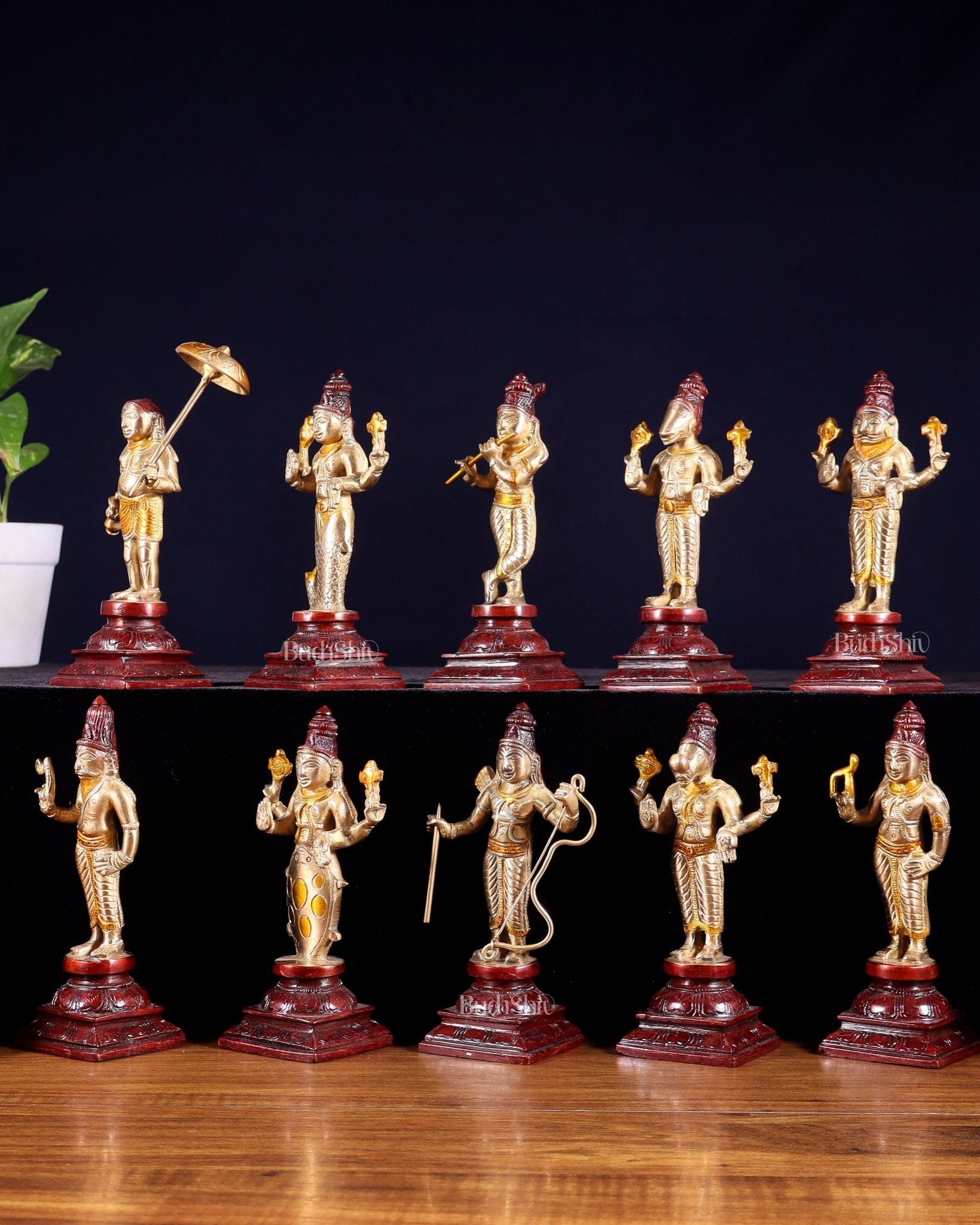 Pure Brass Vishnu Dashavatar Idol Set – Traditional, 6" three tone - Budhshiv.com