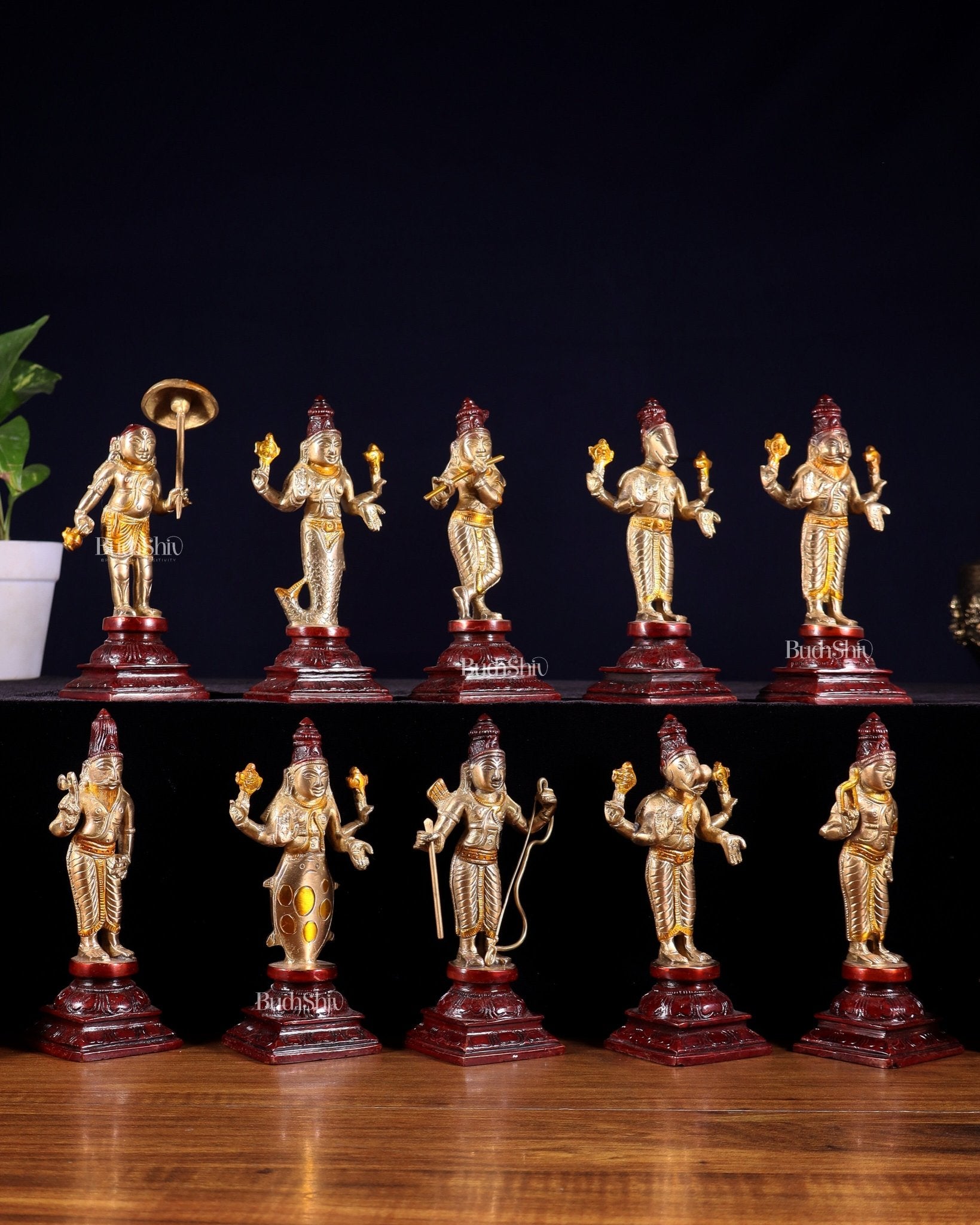 Pure Brass Vishnu Dashavatar Idol Set – Traditional, 6" three tone - Budhshiv.com