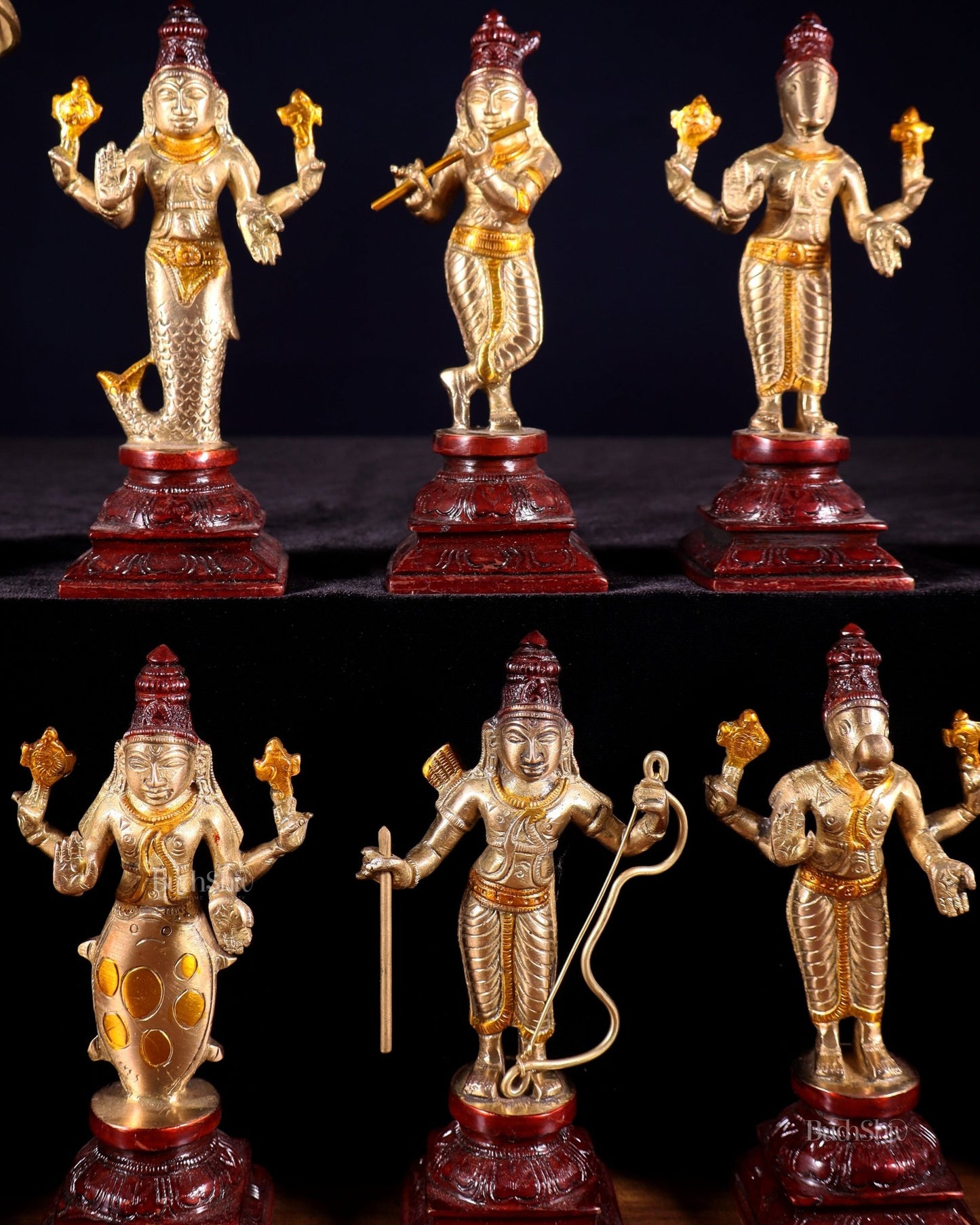 Pure Brass Vishnu Dashavatar Idol Set – Traditional, 6" three tone - Budhshiv.com