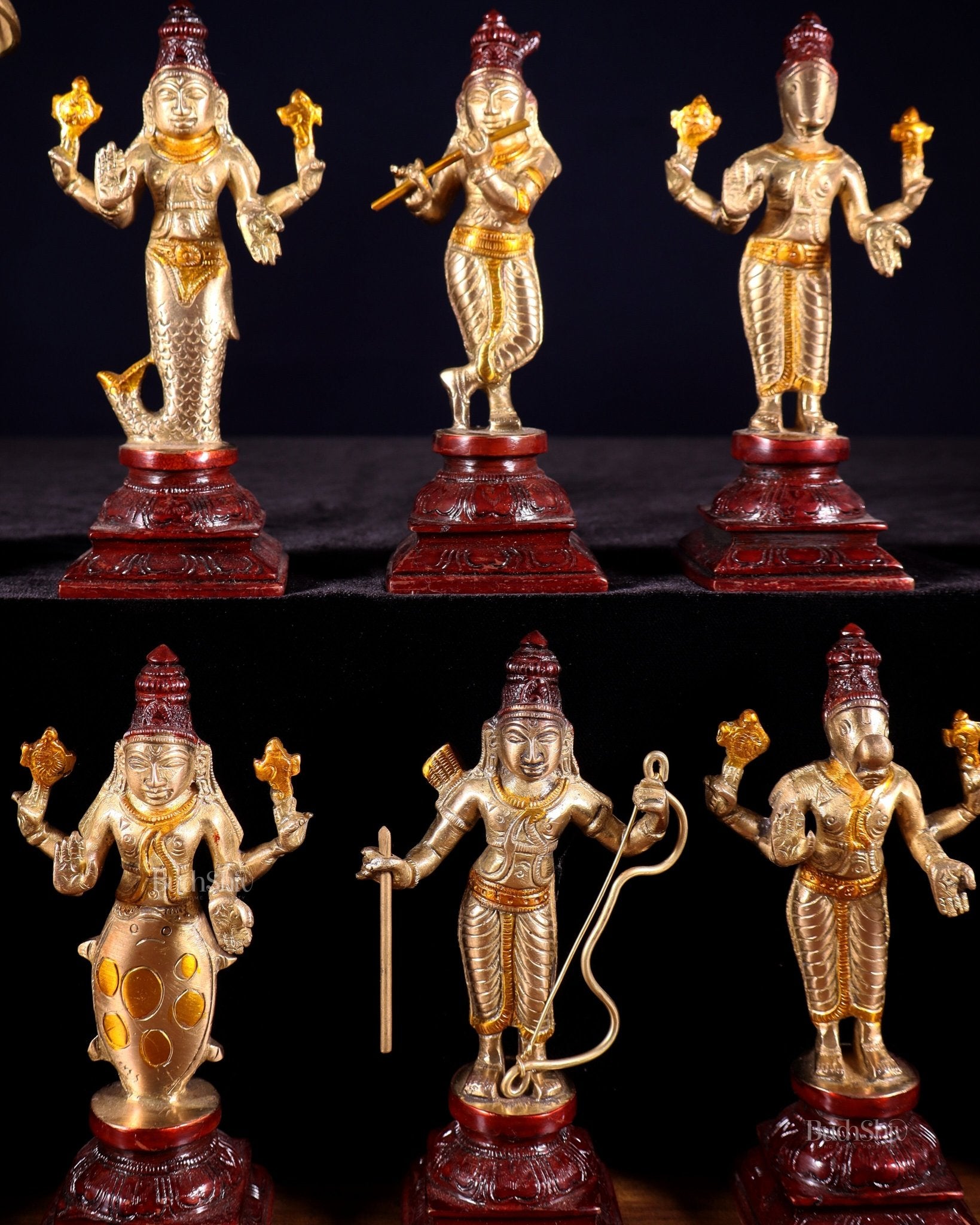 Pure Brass Vishnu Dashavatar Idol Set – Traditional, 6" three tone - Budhshiv.com