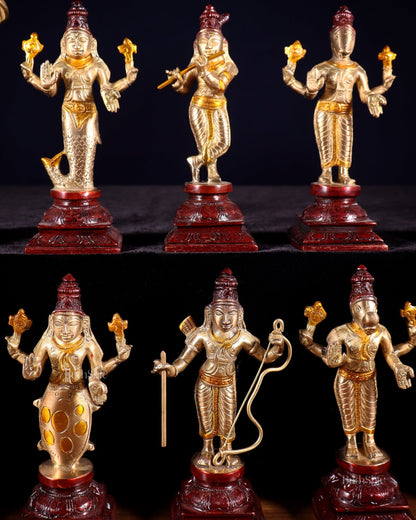 Pure Brass Vishnu Dashavatar Idol Set – Traditional, 6" three tone - Budhshiv.com