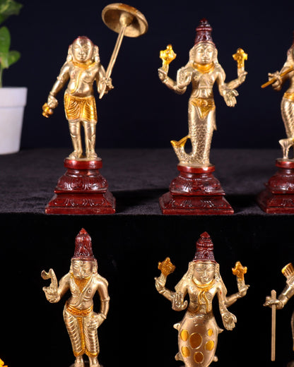 Pure Brass Vishnu Dashavatar Idol Set – Traditional, 6" three tone - Budhshiv.com