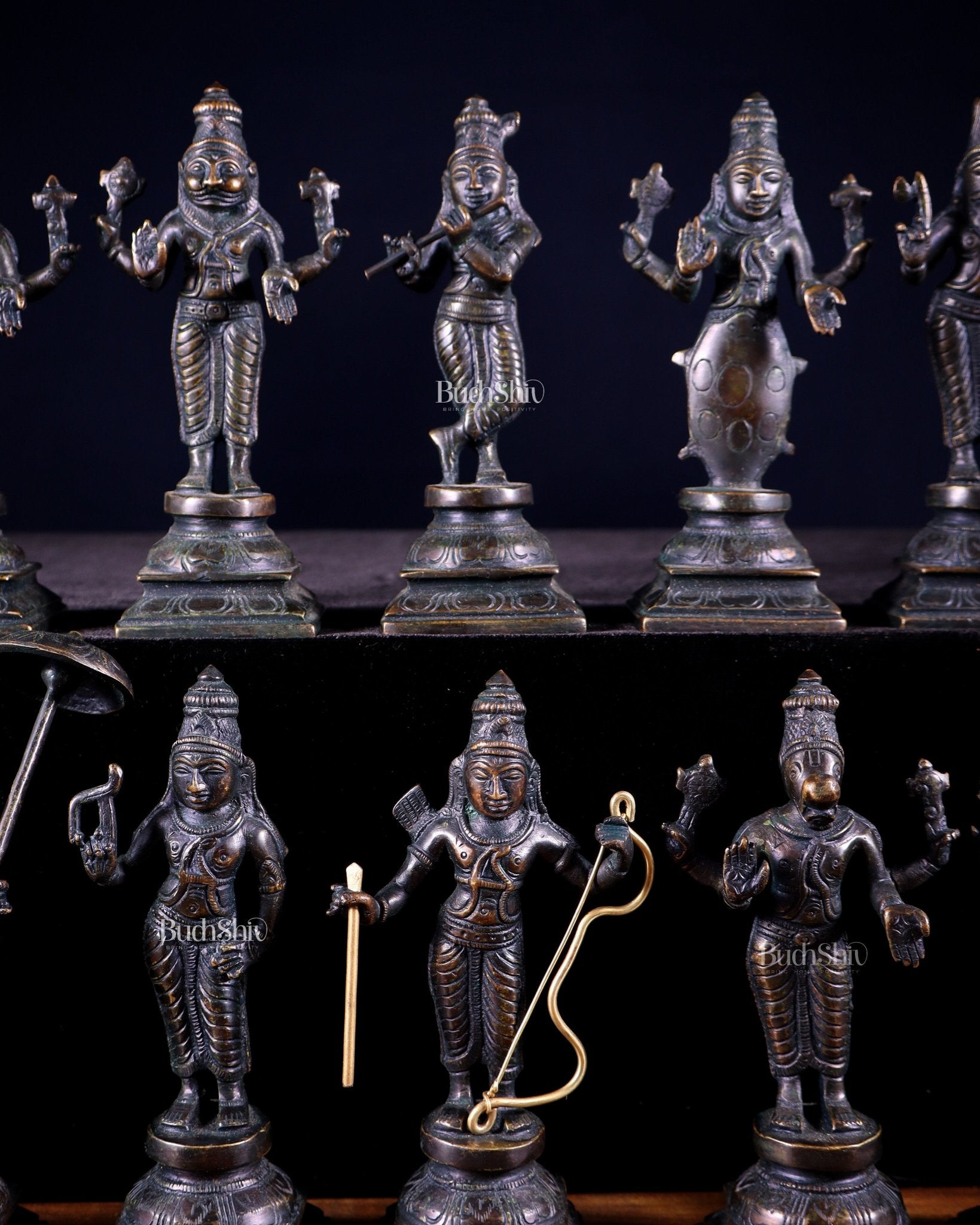 Pure Brass Vishnu Dashavatar Idol Set – Traditional, 6" vintage bronze tone - Budhshiv.com