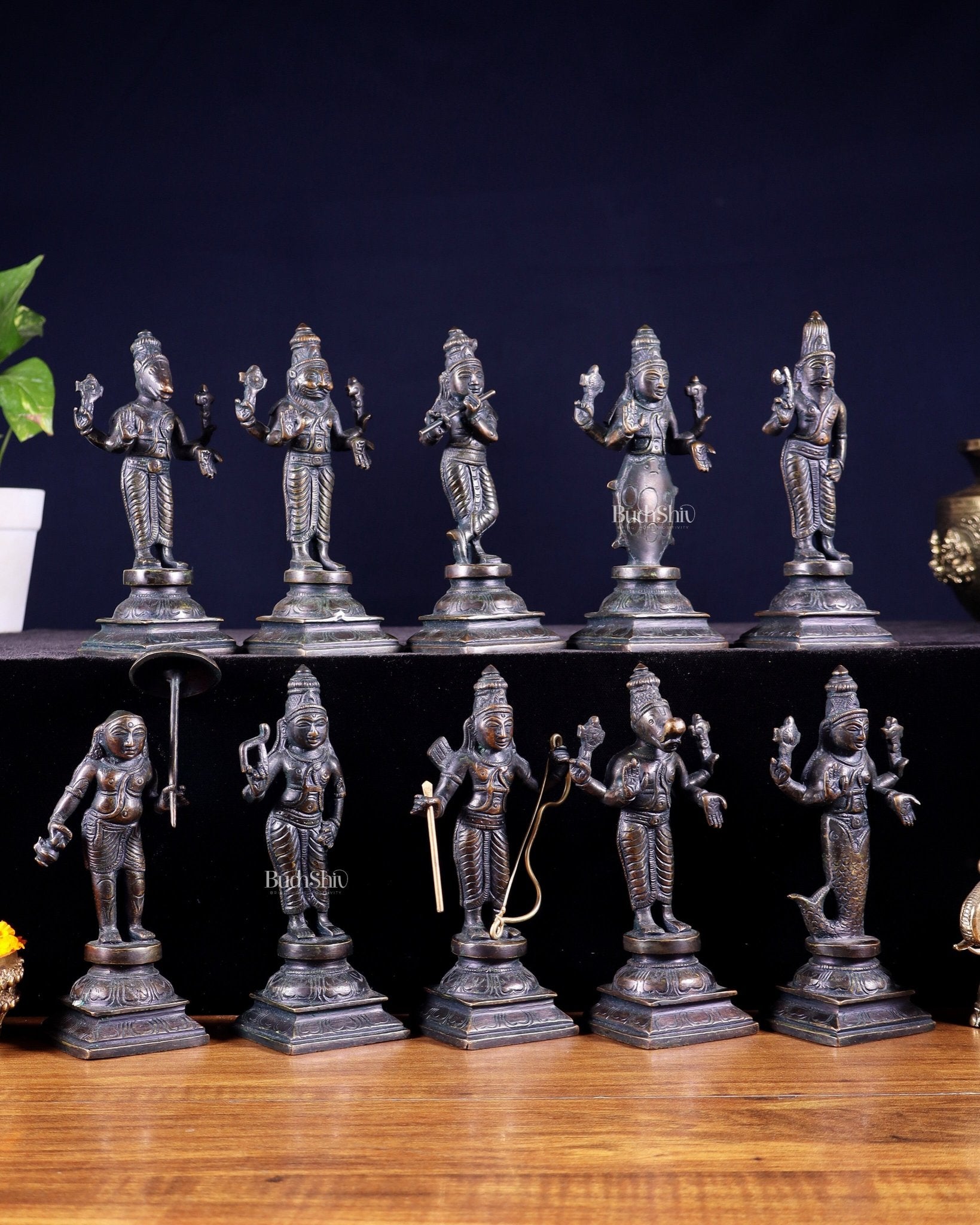 Pure Brass Vishnu Dashavatar Idol Set – Traditional, 6" vintage bronze tone - Budhshiv.com