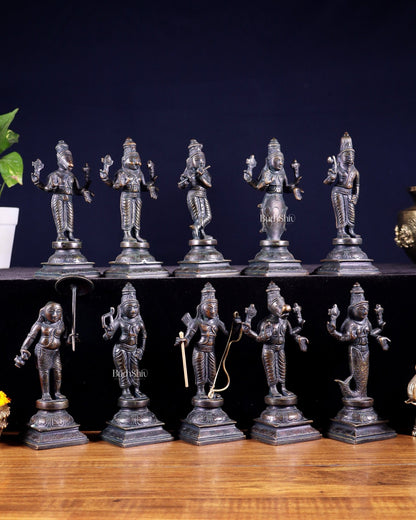 Pure Brass Vishnu Dashavatar Idol Set – Traditional, 6" vintage bronze tone - Budhshiv.com