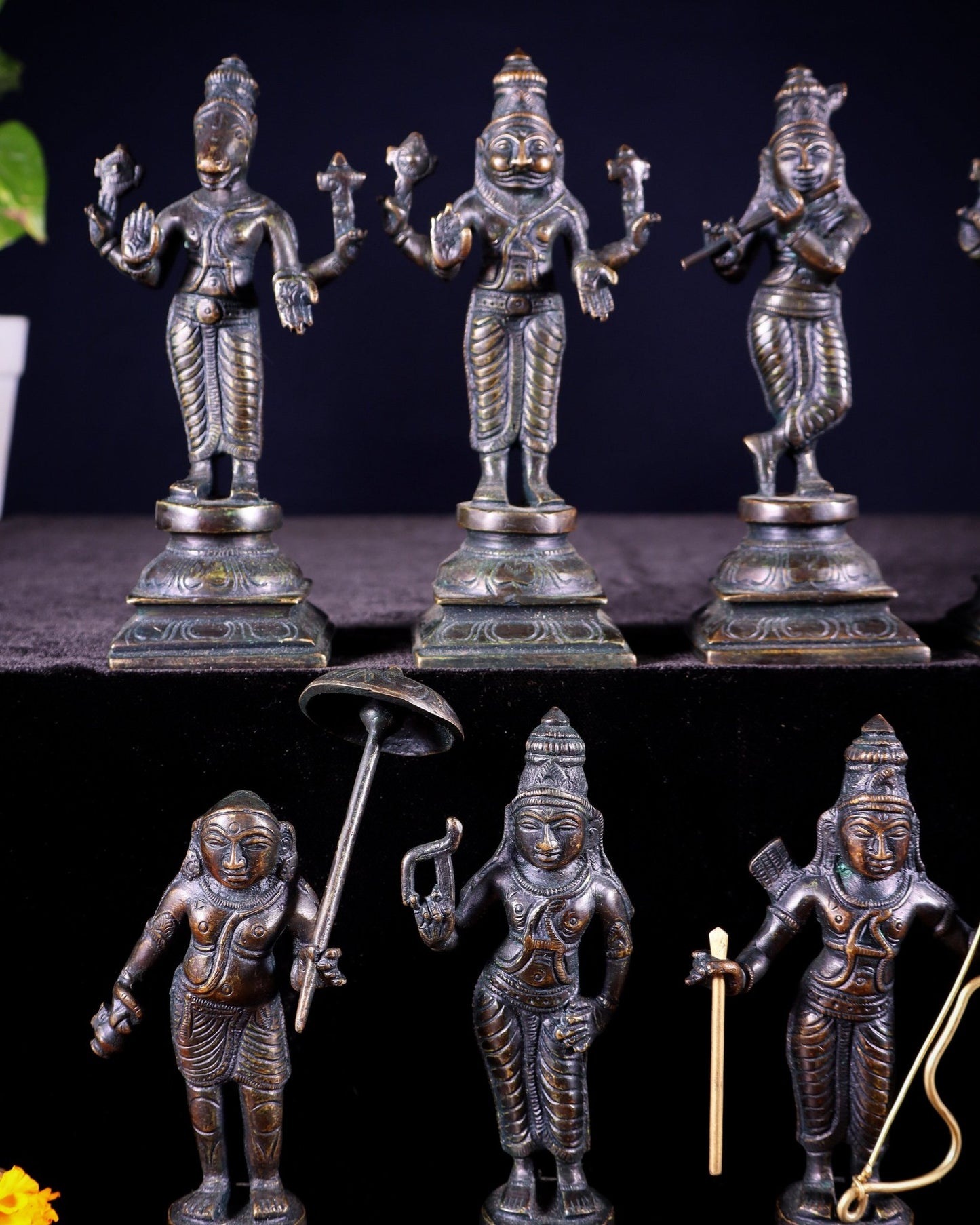 Pure Brass Vishnu Dashavatar Idol Set – Traditional, 6" vintage bronze tone - Budhshiv.com