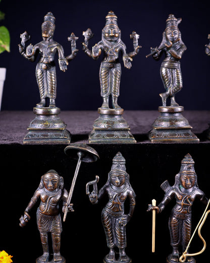 Pure Brass Vishnu Dashavatar Idol Set – Traditional, 6" vintage bronze tone - Budhshiv.com