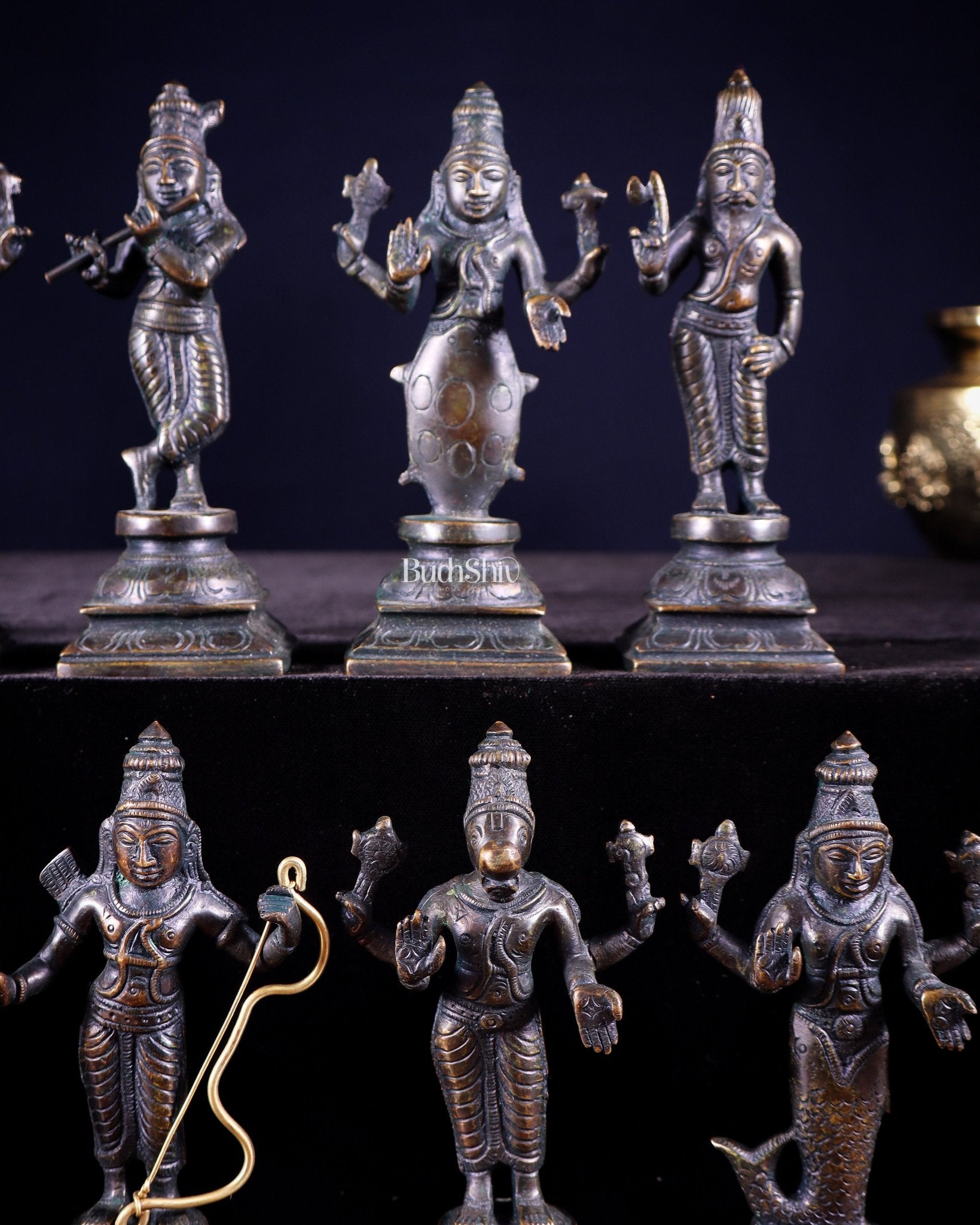 Pure Brass Vishnu Dashavatar Idol Set – Traditional, 6" vintage bronze tone - Budhshiv.com