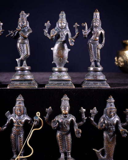 Pure Brass Vishnu Dashavatar Idol Set – Traditional, 6" vintage bronze tone - Budhshiv.com