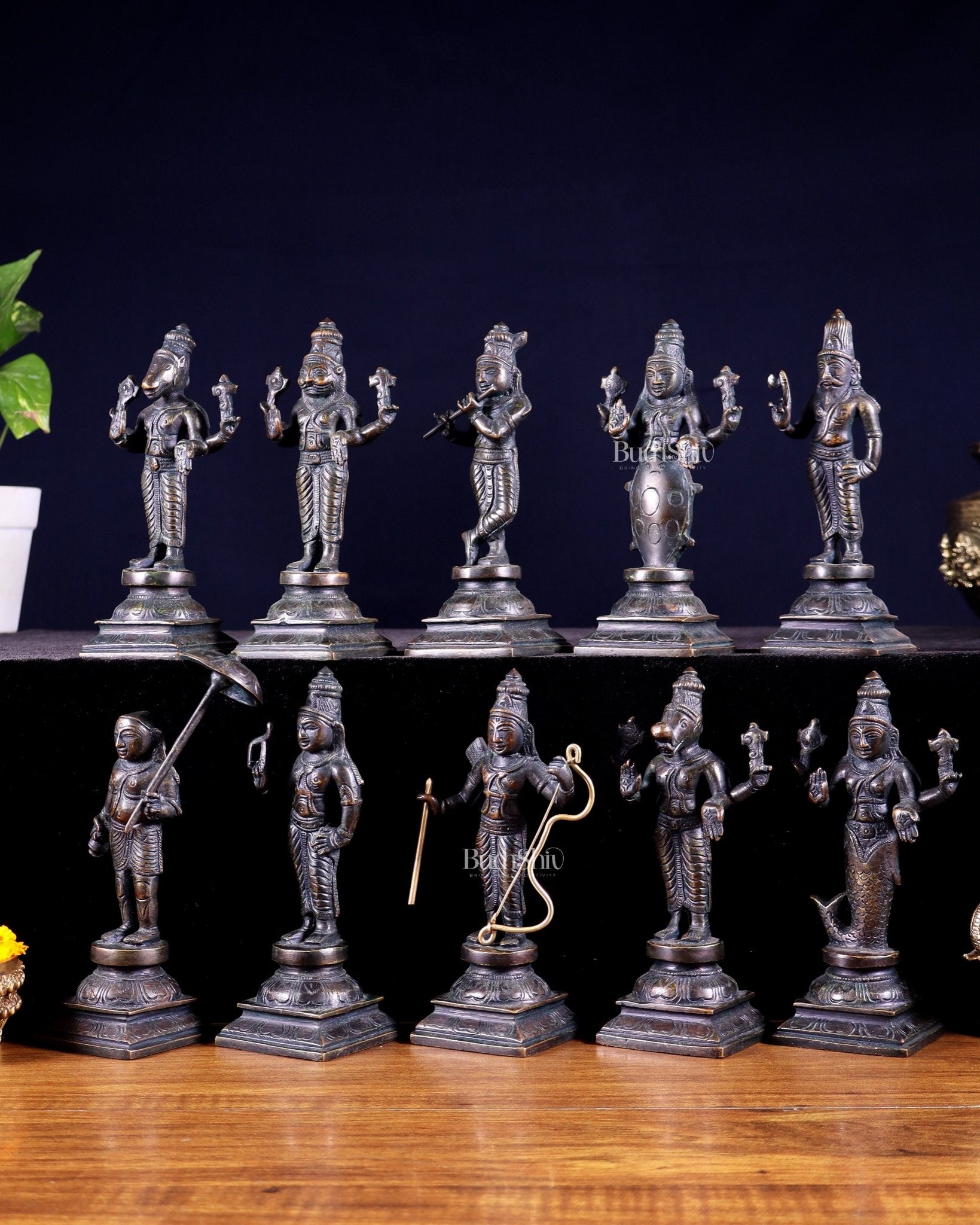 Pure Brass Vishnu Dashavatar Idol Set – Traditional, 6" vintage bronze tone - Budhshiv.com