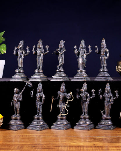 Pure Brass Vishnu Dashavatar Idol Set – Traditional, 6" vintage bronze tone - Budhshiv.com
