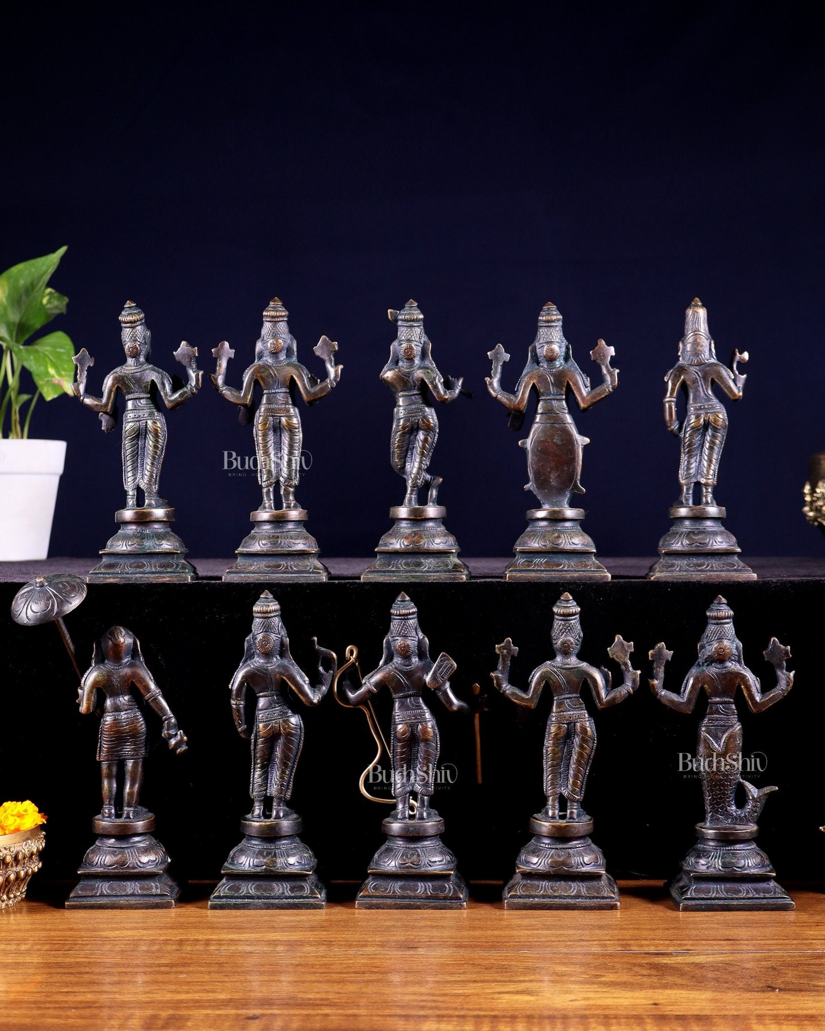 Pure Brass Vishnu Dashavatar Idol Set – Traditional, 6" vintage bronze tone - Budhshiv.com
