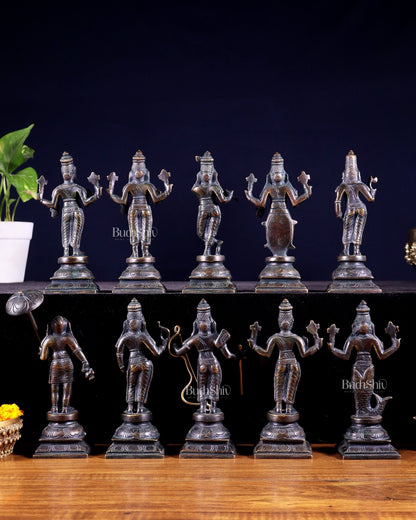 Pure Brass Vishnu Dashavatar Idol Set – Traditional, 6" vintage bronze tone - Budhshiv.com