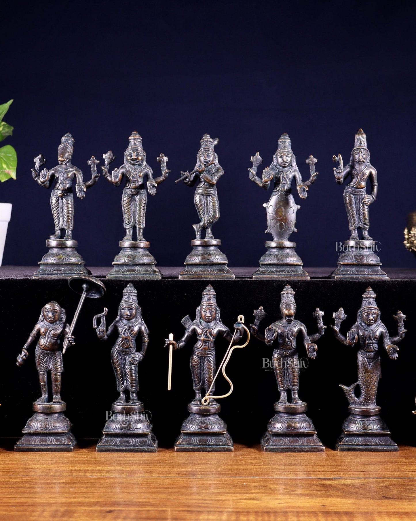 Pure Brass Vishnu Dashavatar Idol Set – Traditional, 6" vintage bronze tone - Budhshiv.com