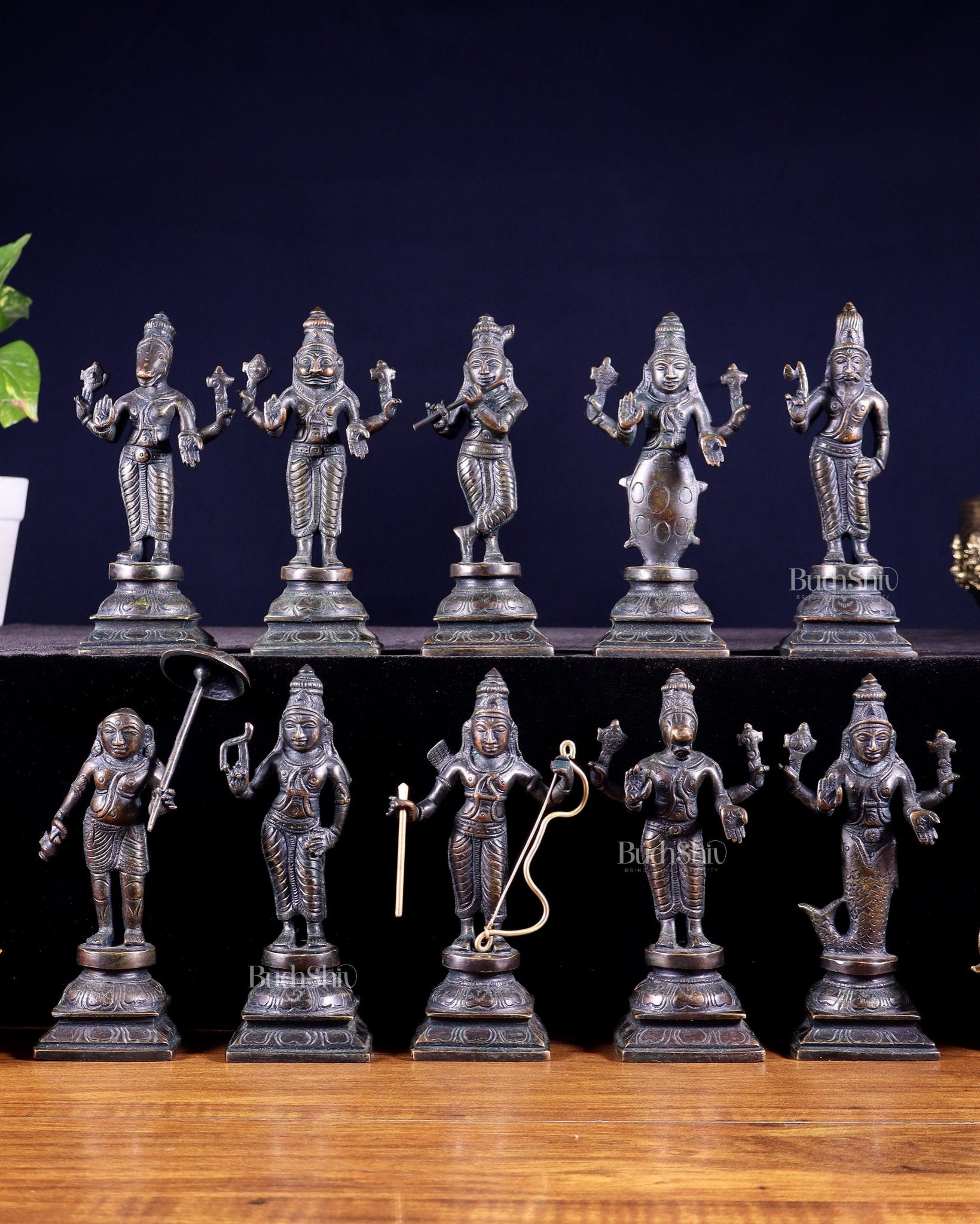 Pure Brass Vishnu Dashavatar Idol Set – Traditional, 6" vintage bronze tone - Budhshiv.com