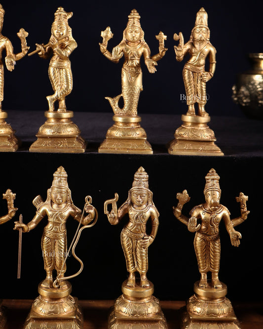 Pure Brass Vishnu Dashavatar Idol Set – Traditional, 6" - Budhshiv.com