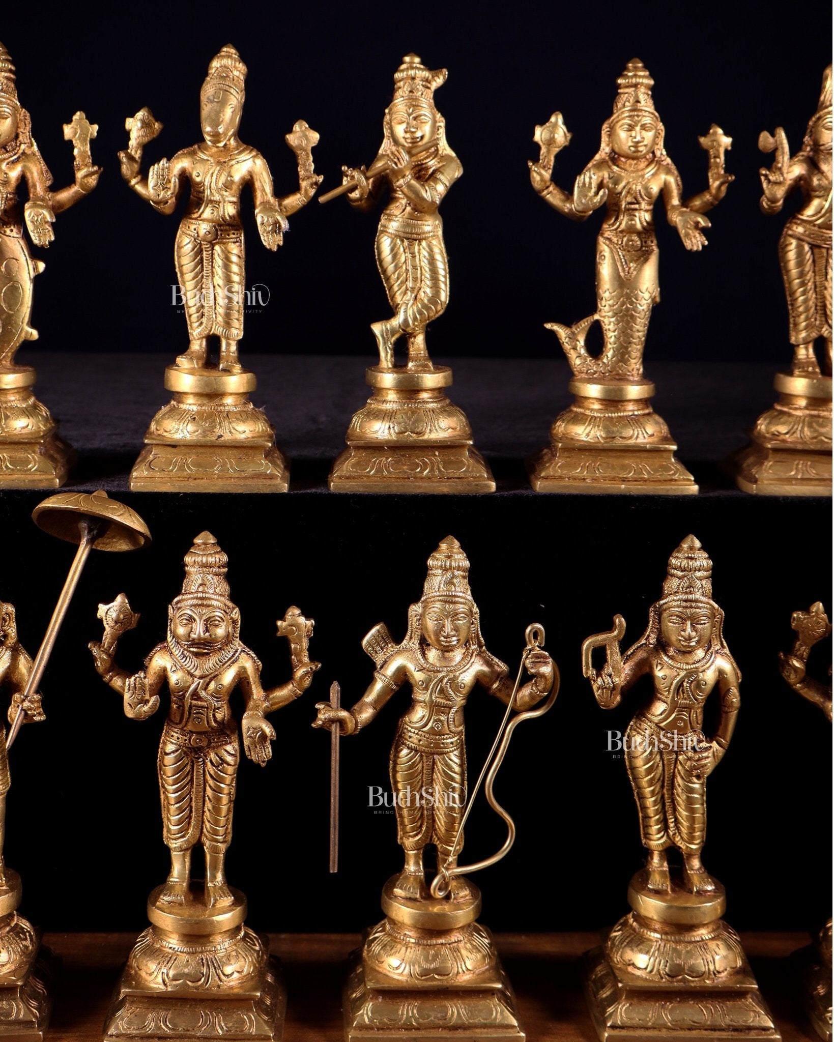 Pure Brass Vishnu Dashavatar Idol Set – Traditional, 6" - Budhshiv.com