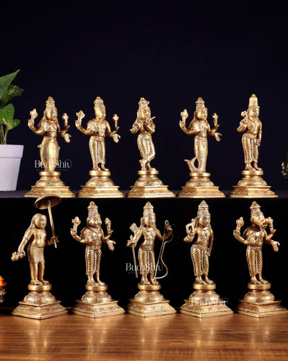 Pure Brass Vishnu Dashavatar Idol Set – Traditional, 6" - Budhshiv.com