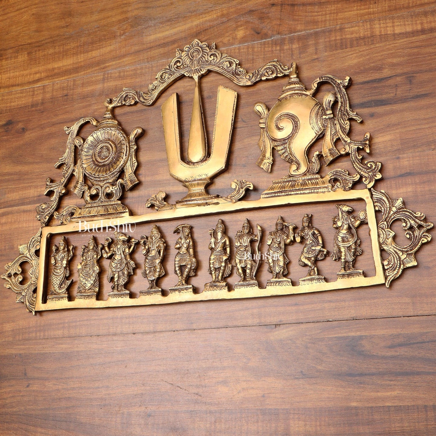 Pure Brass Vishnu Dashavatar Wall Panel with Shankh Chakra Design 24 inch - Budhshiv.com