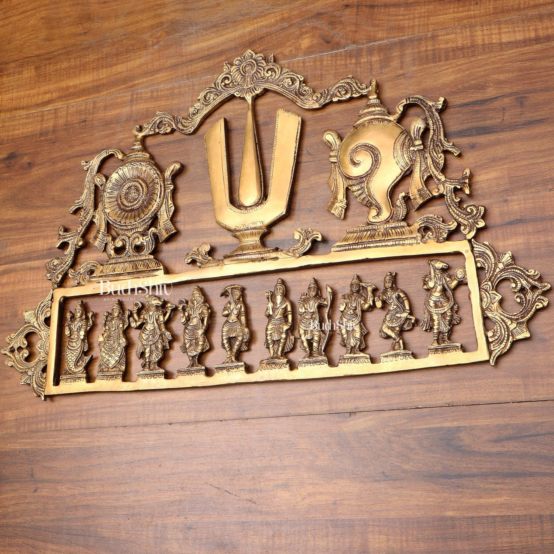 Pure Brass Vishnu Dashavatar Wall Panel with Shankh Chakra Design 24 inch - Budhshiv.com