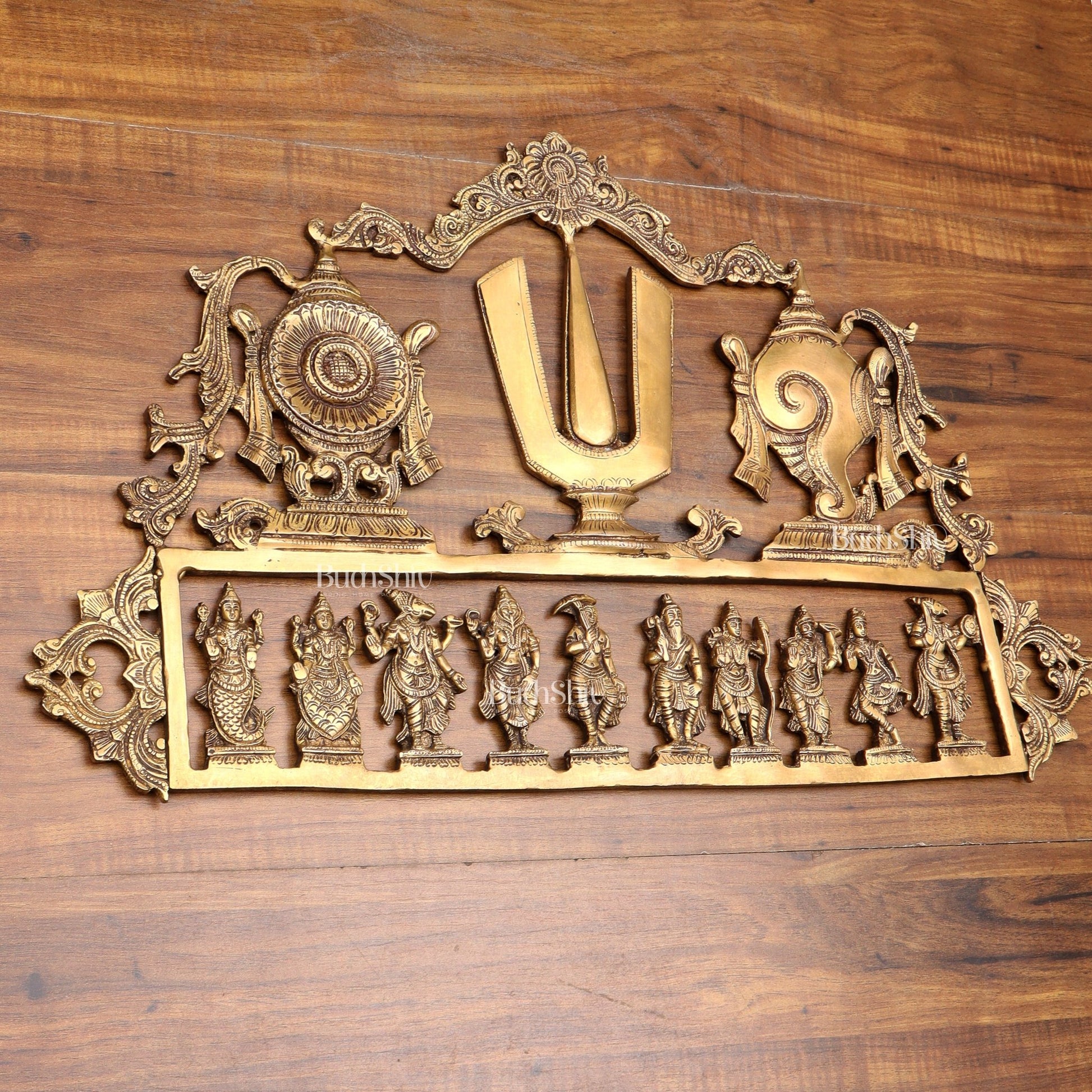 Pure Brass Vishnu Dashavatar Wall Panel with Shankh Chakra Design 24 inch - Budhshiv.com