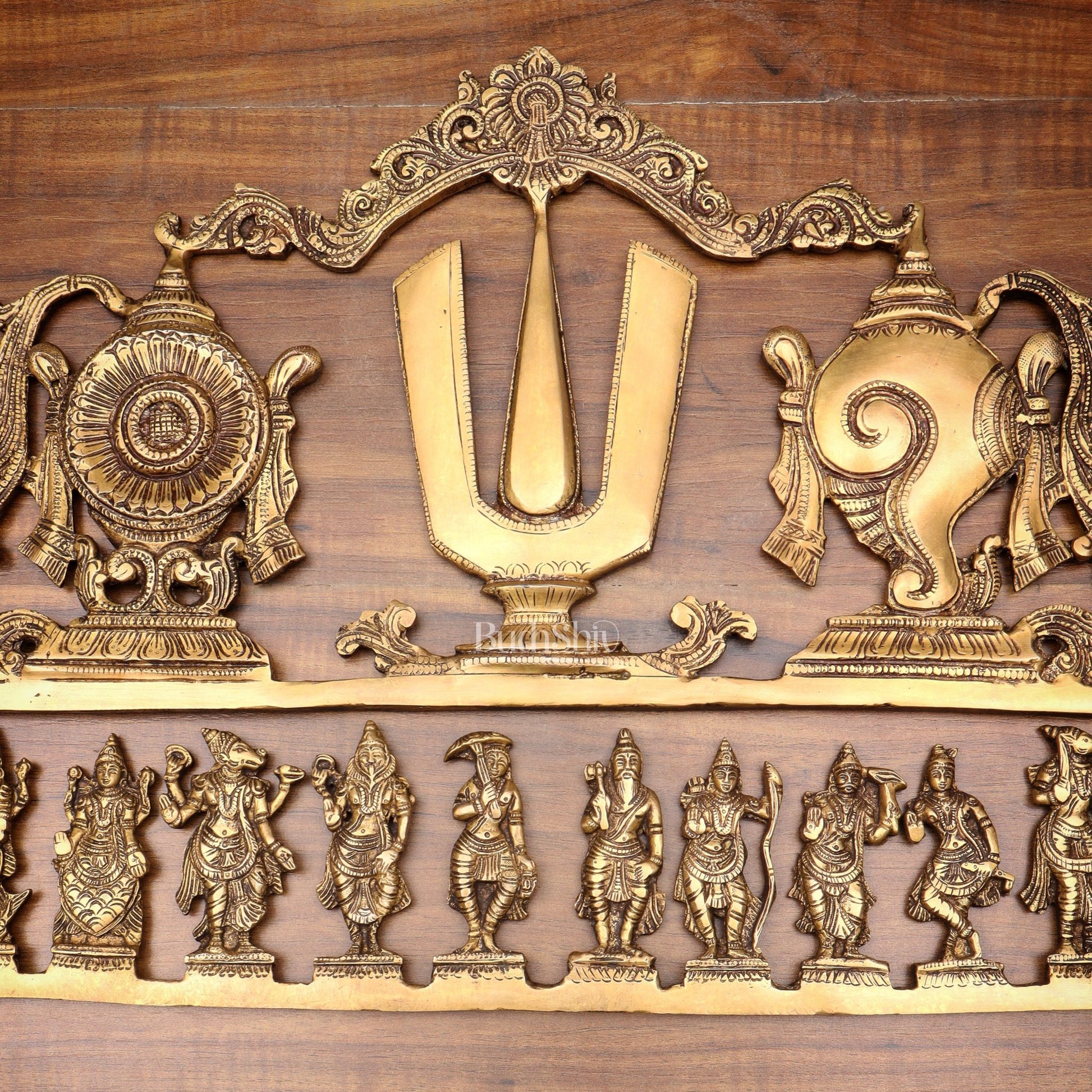 Pure Brass Vishnu Dashavatar Wall Panel with Shankh Chakra Design 24 inch - Budhshiv.com