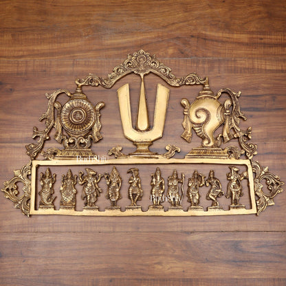 Pure Brass Vishnu Dashavatar Wall Panel with Shankh Chakra Design 24 inch - Budhshiv.com