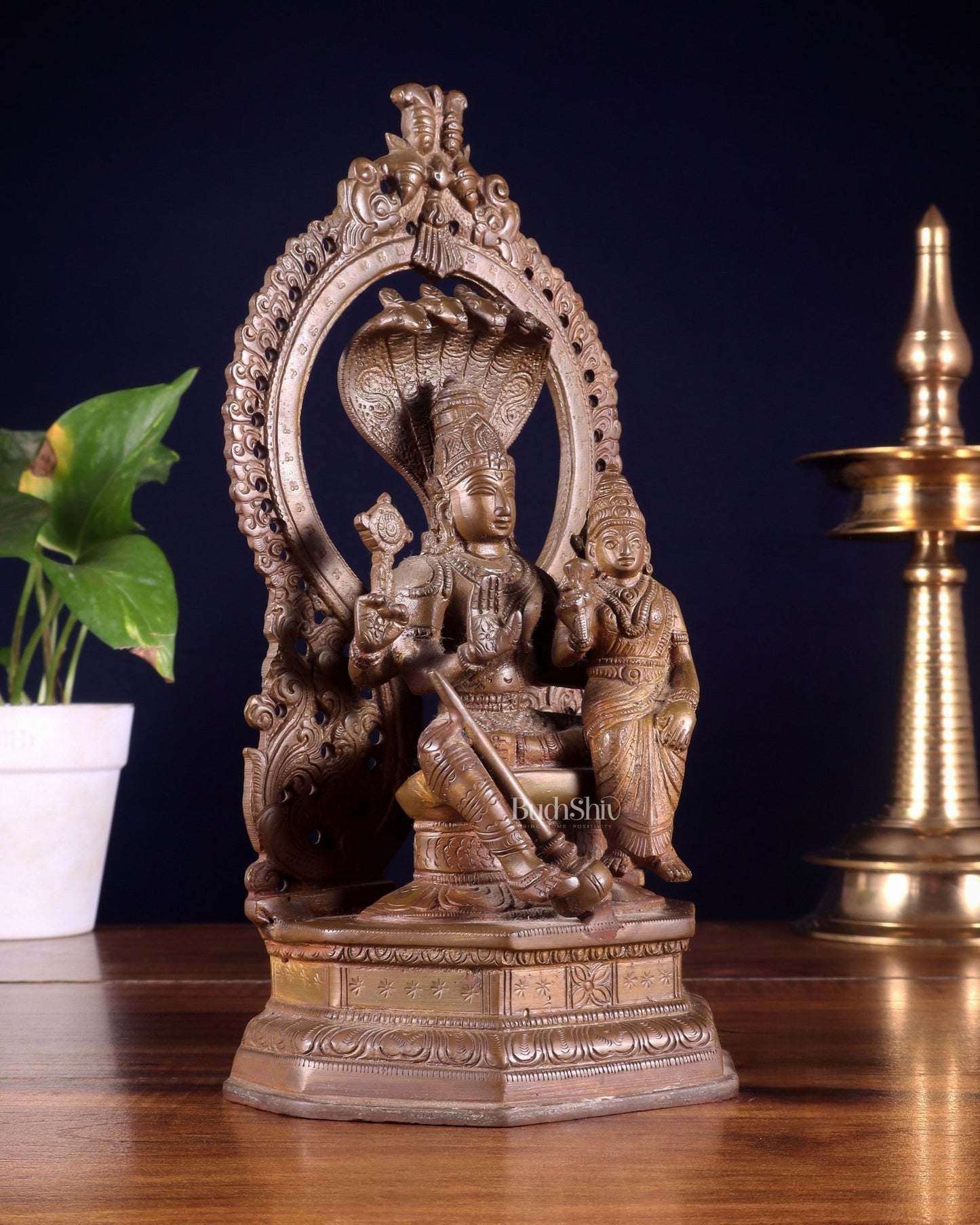 Pure Brass Vishnu Lakshmi Idol Seated on Sheshanaaga - 10" copper tone - Budhshiv.com