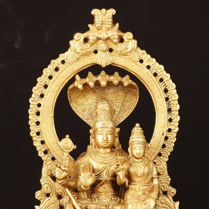 Pure Brass Vishnu Lakshmi Idol Seated on Sheshanaaga - 10" Divine Sculpture - Budhshiv.com