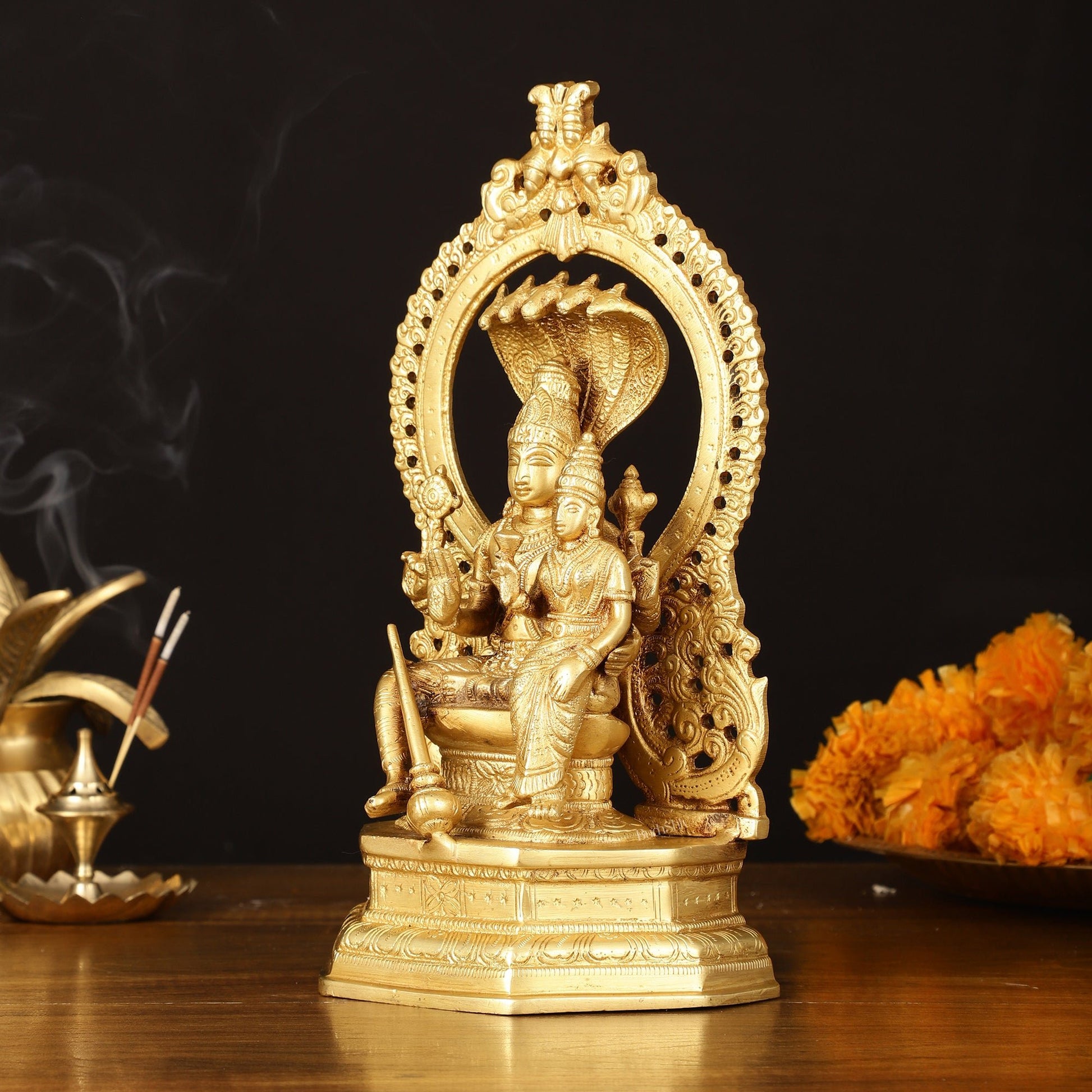 Pure Brass Vishnu Lakshmi Idol Seated on Sheshanaaga - 10" Divine Sculpture - Budhshiv.com