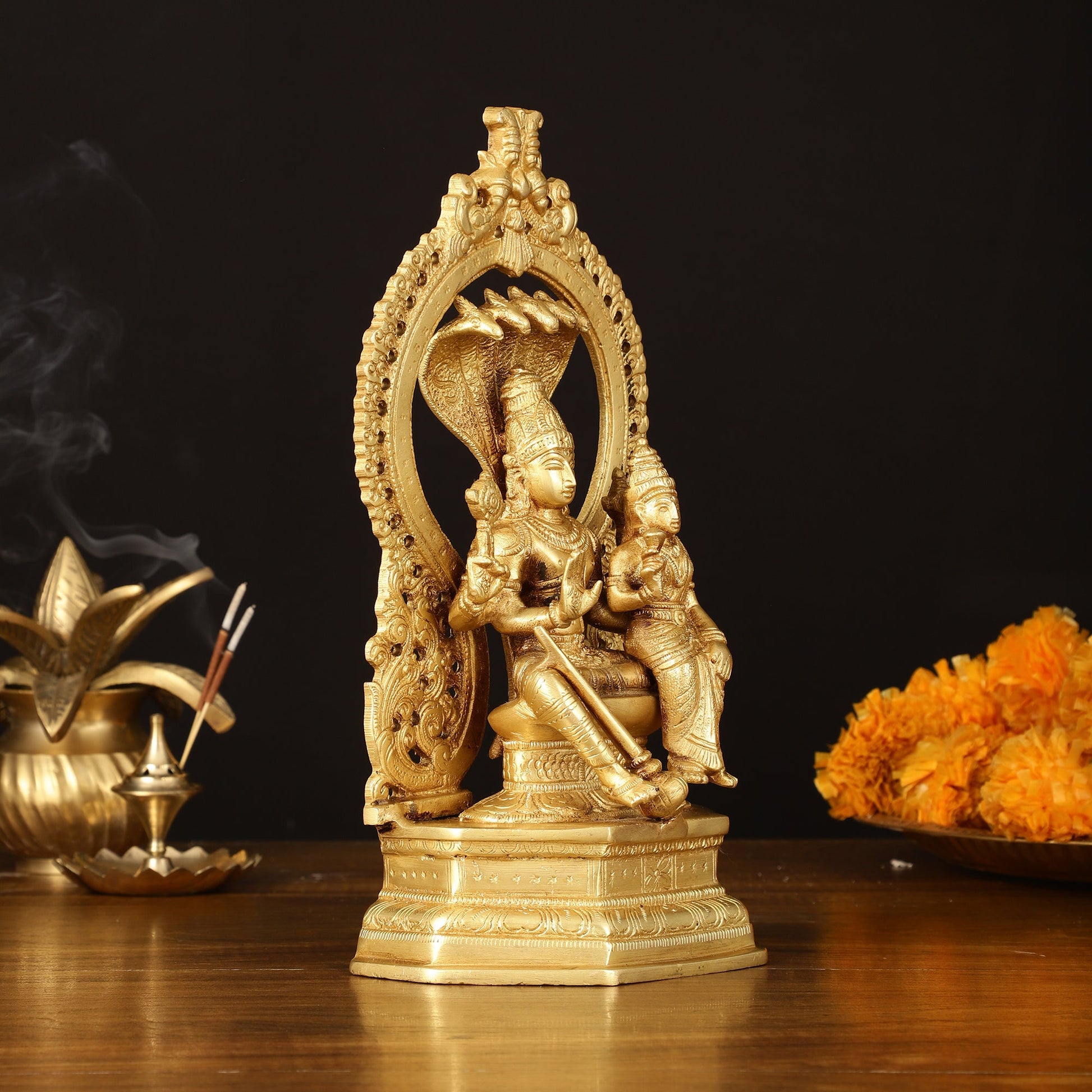 Pure Brass Vishnu Lakshmi Idol Seated on Sheshanaaga - 10" Divine Sculpture - Budhshiv.com