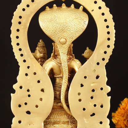 Pure Brass Vishnu Lakshmi Idol Seated on Sheshanaaga - 10" Divine Sculpture - Budhshiv.com