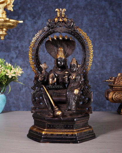 Pure Brass Vishnu Lakshmi Idol Seated with Sheshanaaga - 10" Divine Black and gold - Budhshiv.com