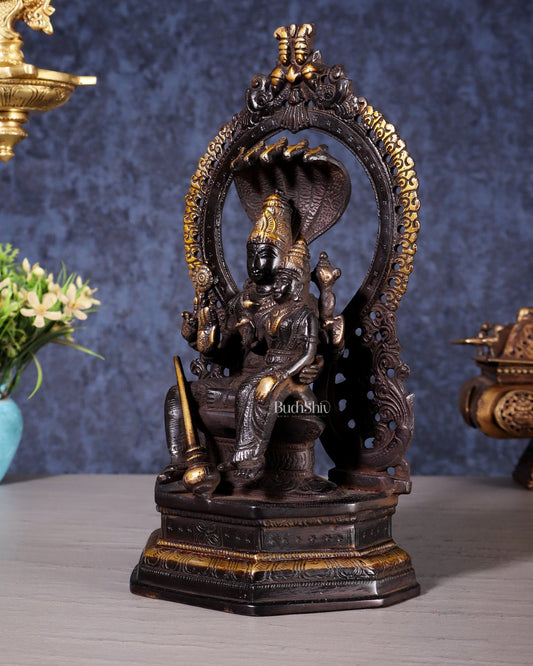 Pure Brass Vishnu Lakshmi Idol Seated with Sheshanaaga - 10" Divine Black and gold - Budhshiv.com