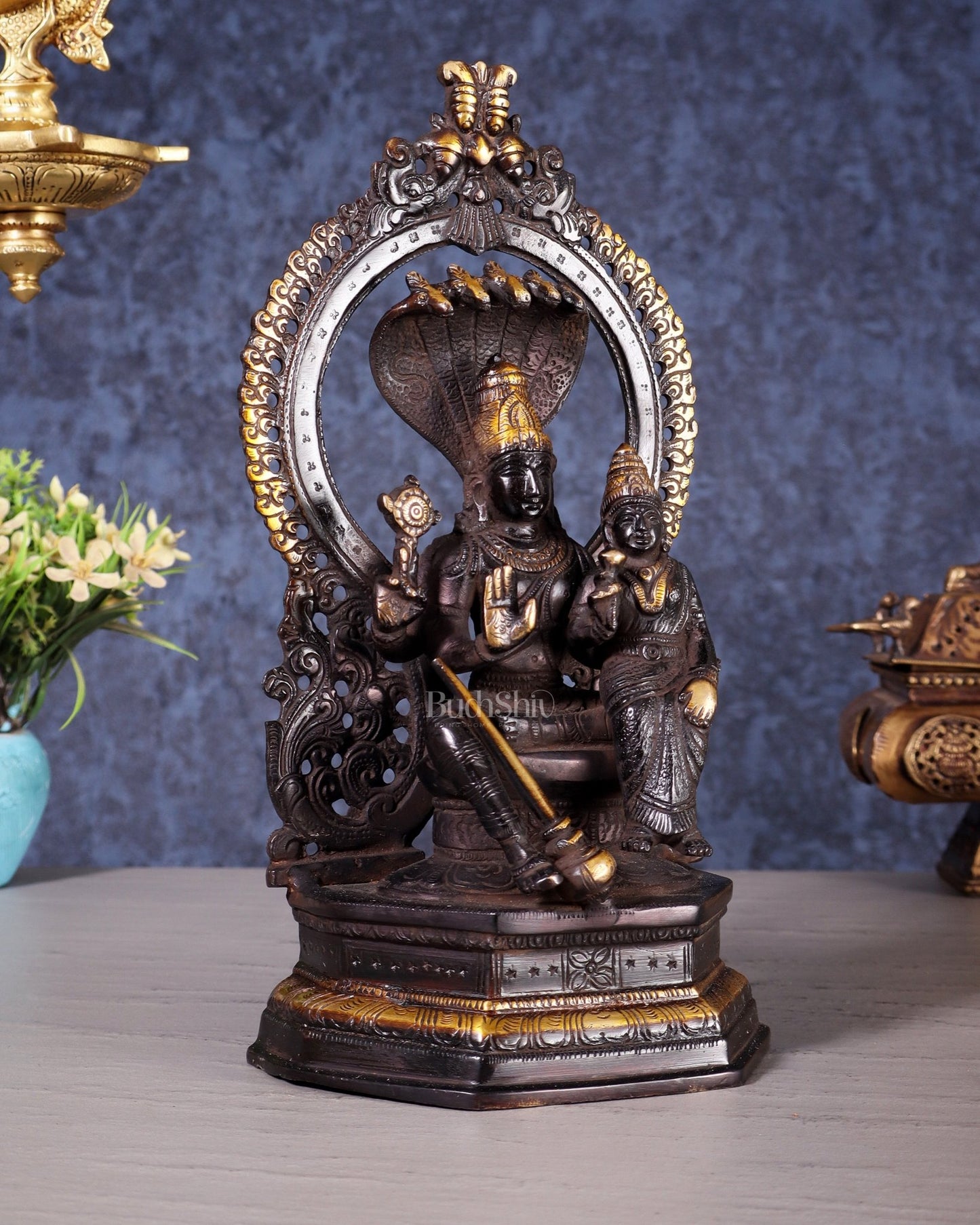 Pure Brass Vishnu Lakshmi Idol Seated with Sheshanaaga - 10" Divine Black and gold - Budhshiv.com