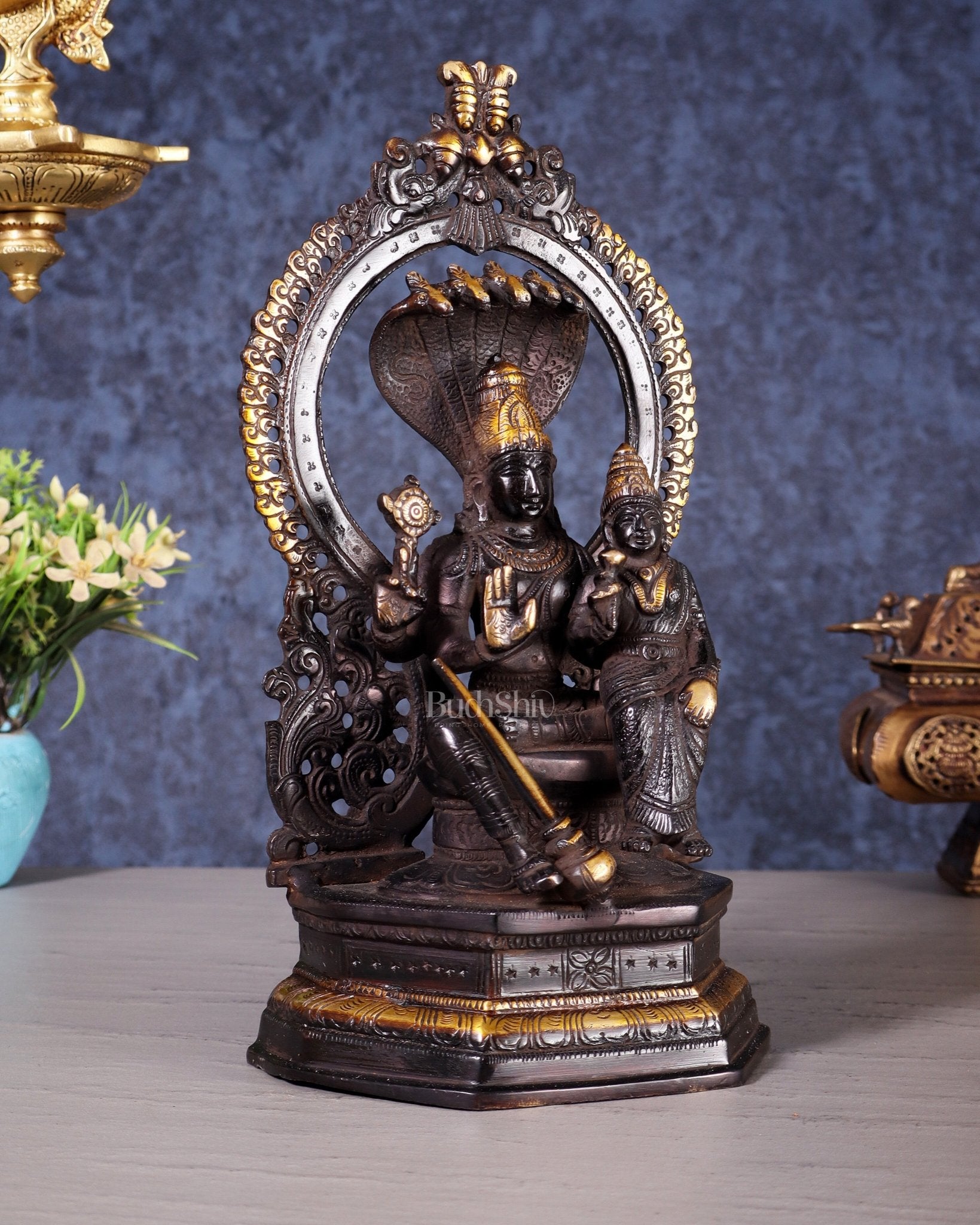 Pure Brass Vishnu Lakshmi Idol Seated with Sheshanaaga - 10" Divine Black and gold - Budhshiv.com