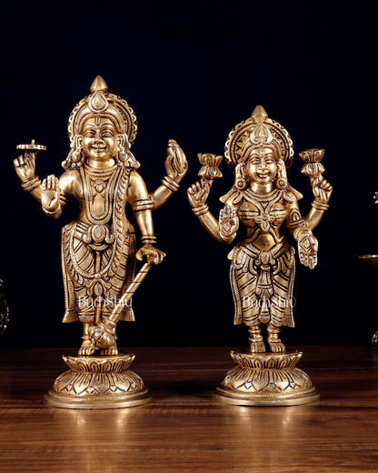 Pure Brass Vishnu Lakshmi Idols Pair – Lakshmi Narayan Murti Set |11" - Budhshiv.com