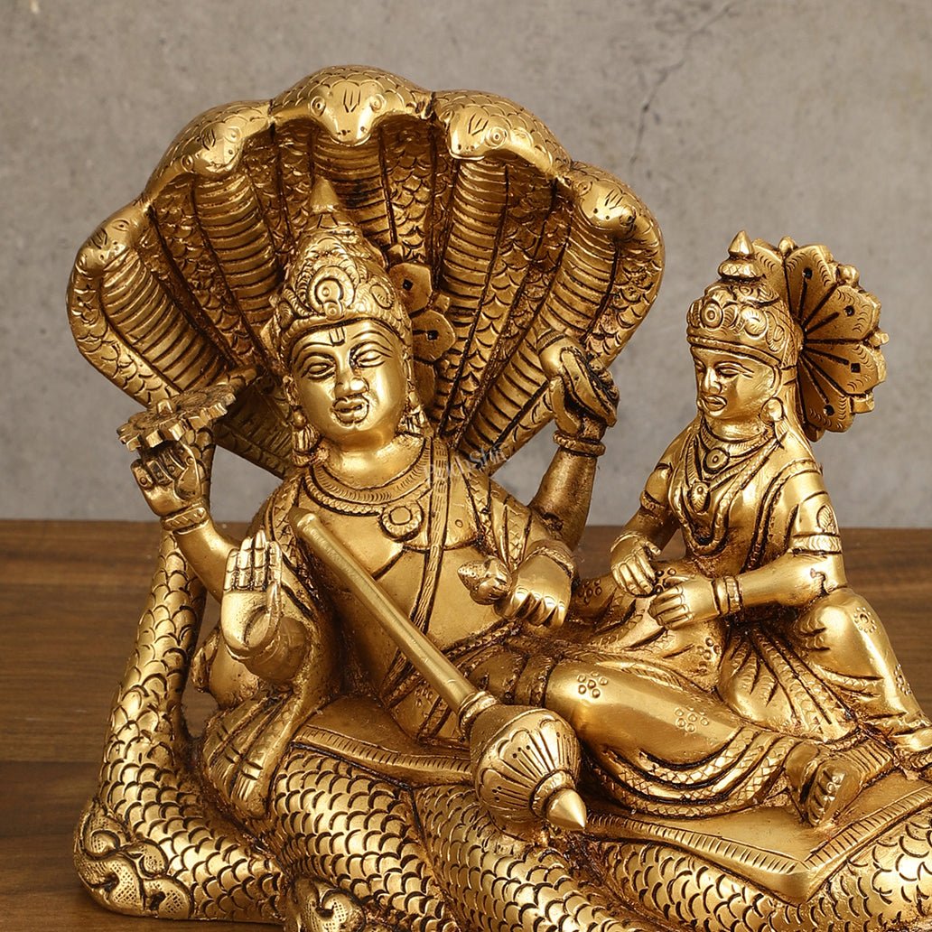 Pure Brass Vishnu Lakshmi Narayan Resting on Sheshanaaga Idol - 7 Inch - Budhshiv.com